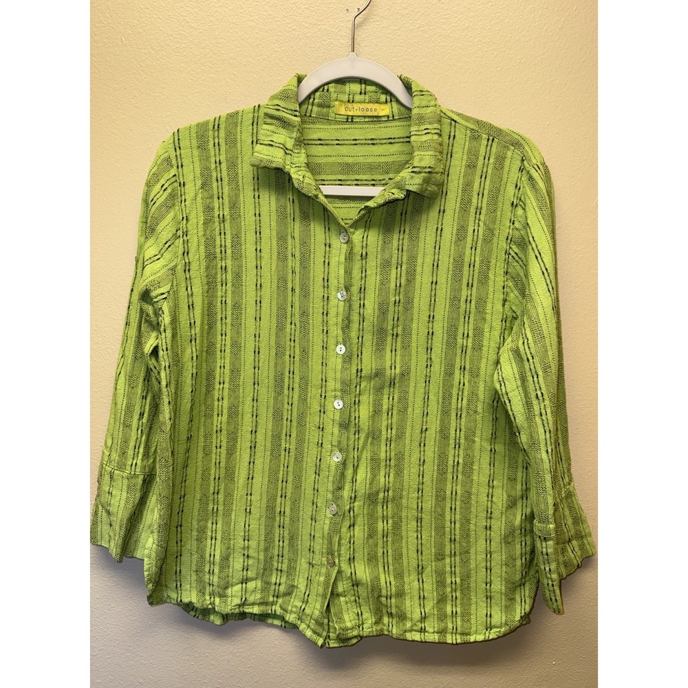 Cut Loose Shirt Green Black Stripe Linen Cotton Button Down Woven Size Small
